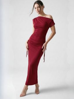 Outzidr - Red One Shoulder Fitted Dress