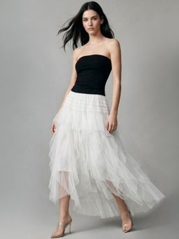 Outzidr - Black Off Shoulder Net Fringes Dress