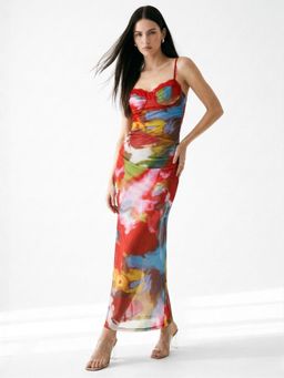 Outzidr - Multi Spaghetti Strap Printed Dress