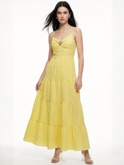 Outzidr - Yellow Spaghetti Strap Tiered Dress