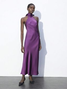 Outzidr - Purple Satin Back Bow Tie Up Maxi Dress