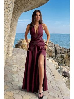Outzidr - Burgundy Halter Neck Slit Dress