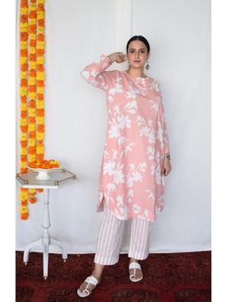 HOUSE OF MOXA - Pink Floral Kurta With Striped Pant (Set of 2)