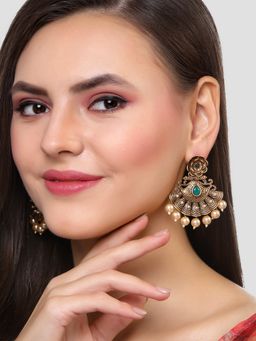 Karatcart - Gold Plated Green Stone and Pearl Studded Dangler Earrings for Women