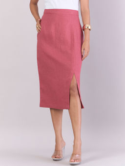 Powersutra - High-Waisted Linen Rich A-Line Midi Skirt - Rose Pink