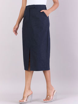 Powersutra - Navy Blue Cotton Linen Stretchable Skirt