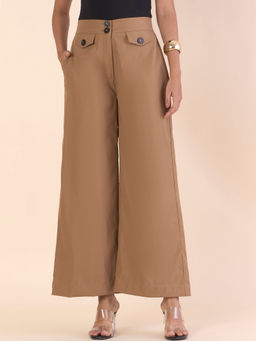 Powersutra - Camel Brown Front Flap High-Waisted Straight Fit Trouser