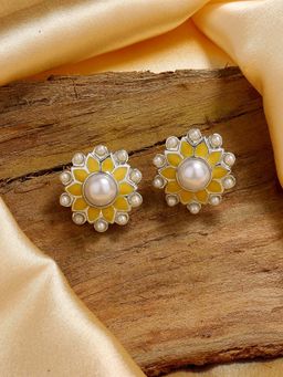 Estele - Rhodium Plated Classic Pearl Stud Earrings with Yellow Enamel for Women