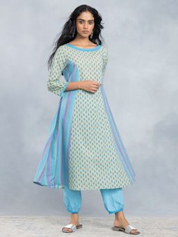 SHAYE - Boat Neck Blue Printed Ethnic Kurta and Trouser (Set of 2)
