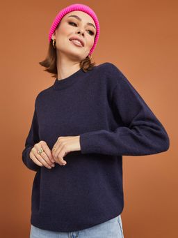 Styli - Navy Blue Oversized High Neck Knitted Longline Sweater