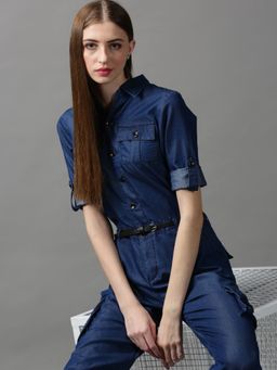 SHOWOFFFF - Womens Shirt Collar Three-quarter Sleeves Navy Blue Solid Jumpsuit