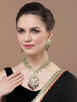 Dugran By Dugristyle - Green & Peach Drop Earring with Kundan & Pearls
