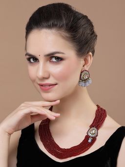 Dugran By Dugristyle - Grey & Red Drop Earring with Kundan & Pearls