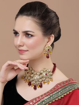 Dugran By Dugristyle - Maroon & Yellow Drop Earring with Kundan & Pearls
