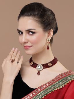 Dugran By Dugristyle - Maroon & Red Drop Earring with Kundan & Pearls