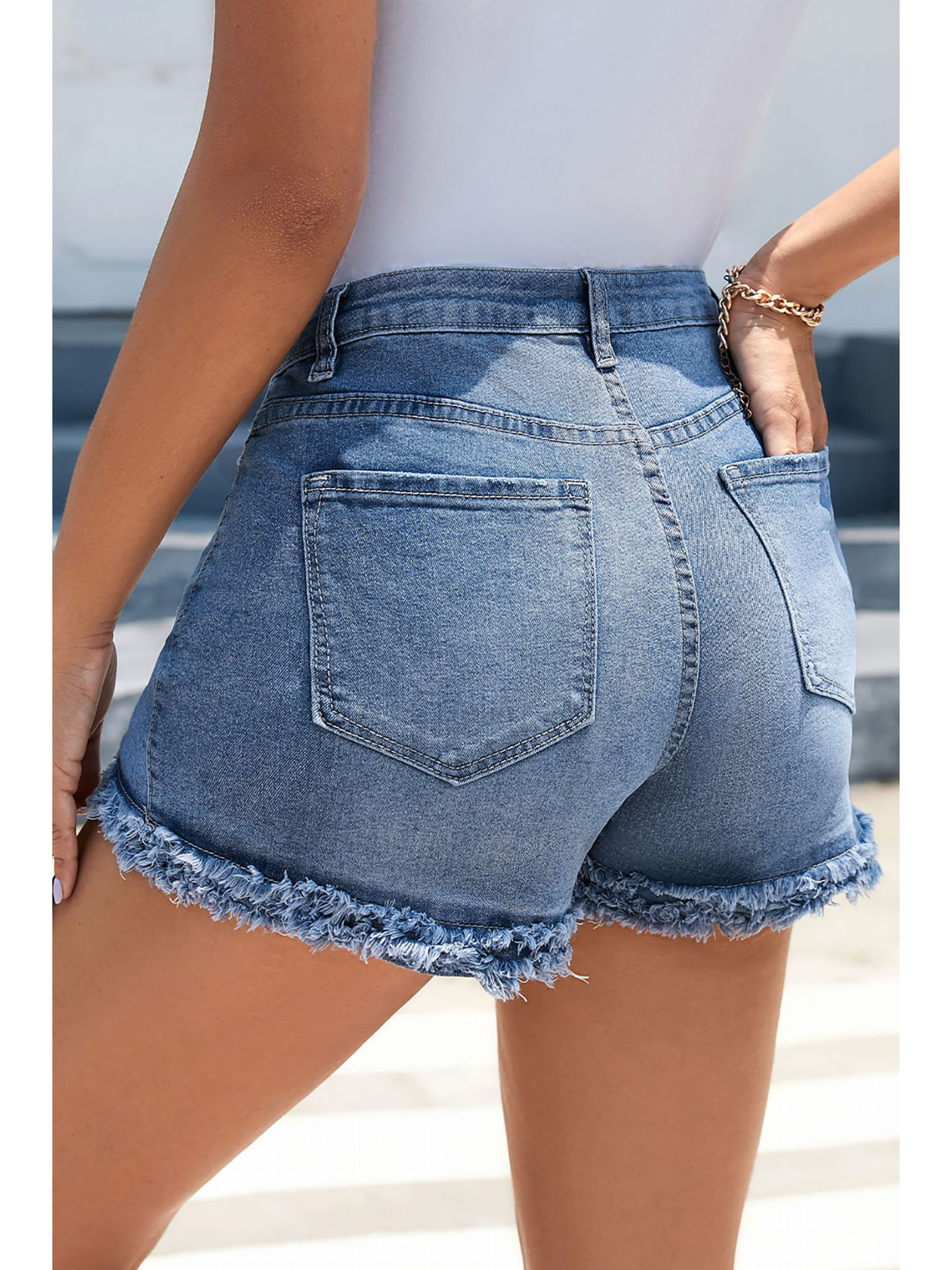 Women Blue Raw Hem High Waist Skinny Denim Shorts