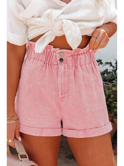 Errabelly - Dusty Pink Vintage Washed Frilled High Waist Denim Shorts
