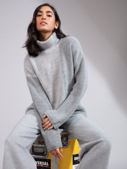 Twenty Dresses by Nykaa Fashion - Grey Colorblock Turtle Neck Full Sleeves Sweater Top