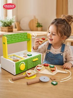 Chanak - Pizza Pretend Play Set With Pizza Slices, Oven, Toppings & Serving Tools