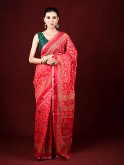 EXCLUSIVA - Pink Cotton Printed Saree Thread Weaving with Unstitched Blouse
