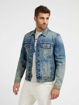 Guess - Men Blue Embroidered Collar Neck Full Sleeves Denim Jacket