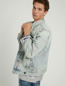 Guess - Men Blue Printed Spread Collar Full Sleeves Denim Jacket