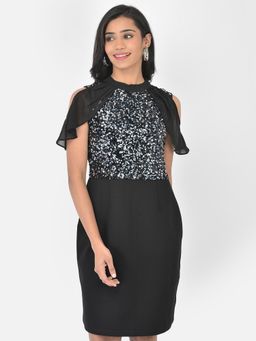 Latin Quarters - Black Half Sleeve Sequence Solid Dress