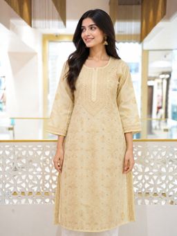 ADA - Embroidered Beige Cotton Lucknowi Chikankari Kurta