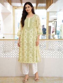 ADA - Embroidered Lemon Cotton Lucknowi Chikankari Kurta