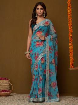 Garden VARELI - Women's Turquoise Organza Floral Saree