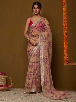 Garden VARELI - Women's Beige Organza Woven Design Saree