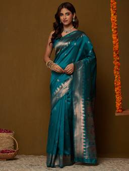Garden VARELI - Women's Teal Art Silk Woven Design Saree