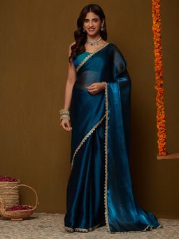 Garden VARELI - Women's Navy Blue Chiffon Woven Design Saree