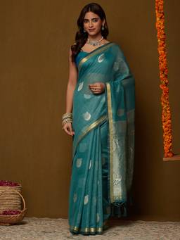 Garden VARELI - Women's Green Cotton Silk Ethnic Motifs Saree