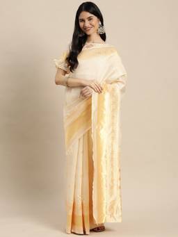 SATRANI - Women's White and Gold Silk Jacquard Saree