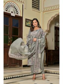 ANAISA - Women'S Grey Floral Printed Kurta with Pant and Dupatta