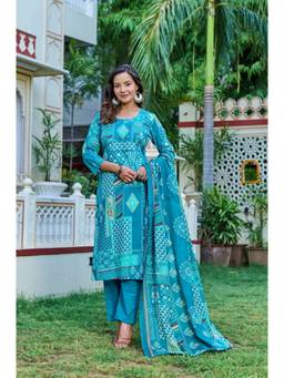 ANAISA - Women'S True Blue Ethnic Printed Cotton Kurta with Pant and Dupatta