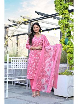 ANAISA - Women'S Pink Floral Printed Cotton Kurta with Pant and Dupatta