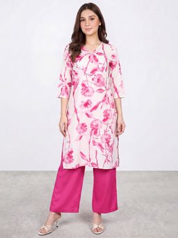 R&B - Women's Pink Three-Forth Sleeve V-Neck Floral Print Kurta