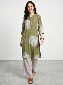 R&B - Women's Green Three-Forth Sleeve Mandarin Collar Floral Print Kurta