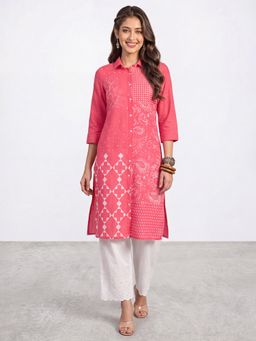 R&B - Women's Pink Three-Forth Sleeve Collar Neck Printed Kurta