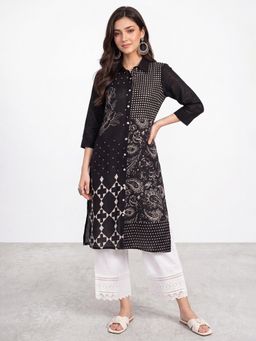 R&B - Women's Black Three-Forth Sleeve Collar Neck Printed Kurta