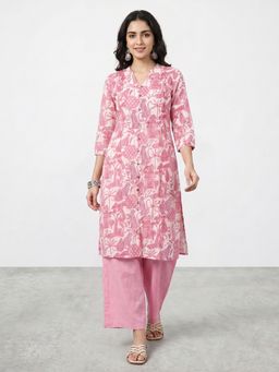 R&B - Women's Pink Three-Forth Sleeve Mandarin Collar Printed Kurta