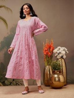 ADA - Embroidered Pink Cotton Lucknowi Chikankari Anarkali A-Line Kurta