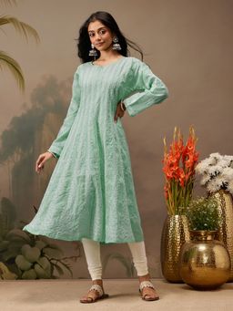 ADA - Embroidered Sea Green Cotton Lucknowi Chikankari Anarkali A-Line Kurta