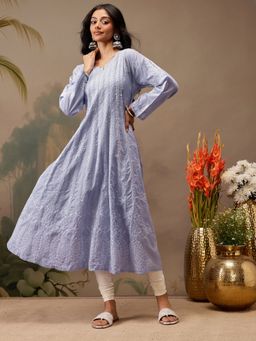 ADA - Embroidered Mauve Cotton Lucknowi Chikankari Anarkali A-Line Kurta