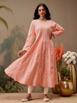 ADA - Embroidered Mauve Cotton Lucknowi Chikankari Anarkali A-Line Kurta