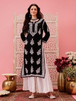 ADA - Embroidered Black and White Modal Lucknowi Chikankari Kurta