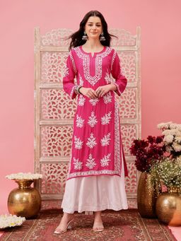 ADA - Embroidered Magenta and White Modal Lucknowi Chikankari Kurta