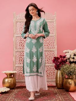 ADA - Embroidered Green and White Modal Lucknowi Chikankari Kurta